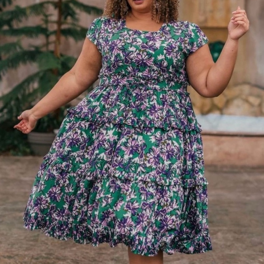 JessaKae Green Midi Dress with Purple and White Floral Print